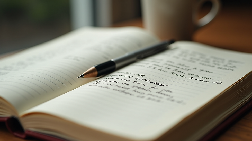 Close-up view of an open journal with handwritten notes