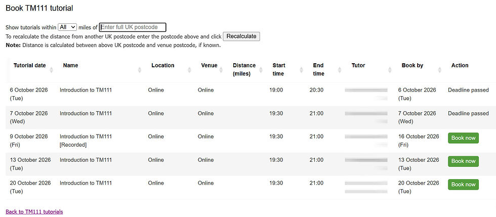 Example of the Open University tutorial booking system