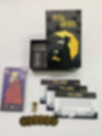 board game, paper cards, tokens, tarot, playing cards, coins, metal