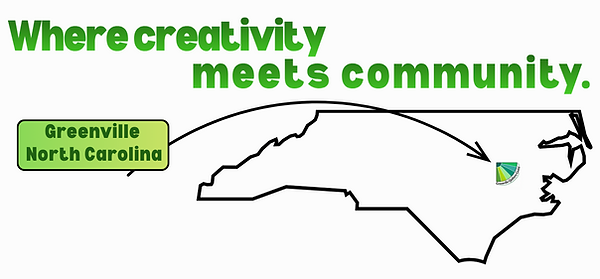 A drawing of the state of North Carolina with an arrow pointing to the city of Greenville, North Carolina. The text reads "Where creativity meets community."