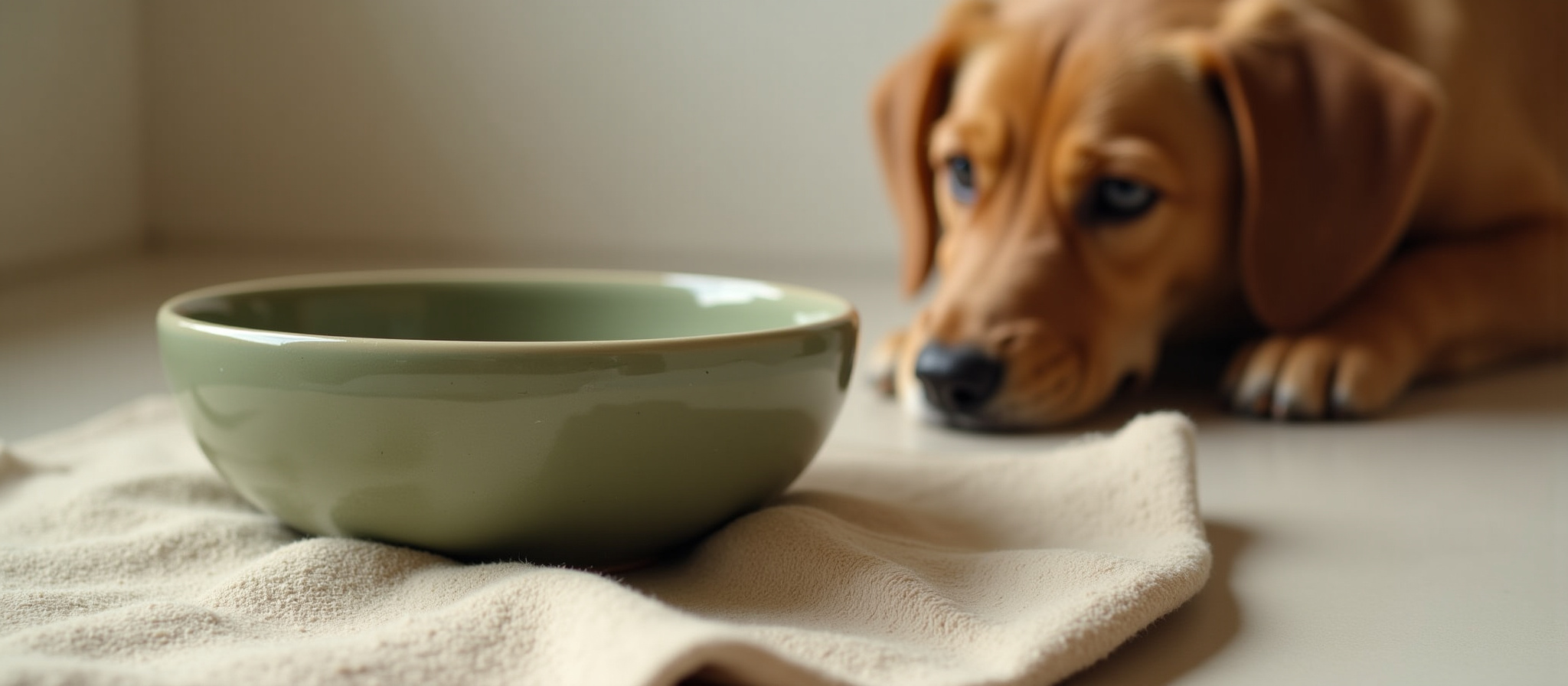 Un perro tierno mirando un plato de comida