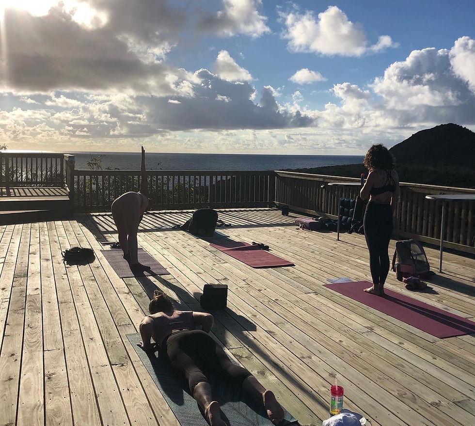 Eye-level view of peaceful yoga session in a scenic outdoor setting