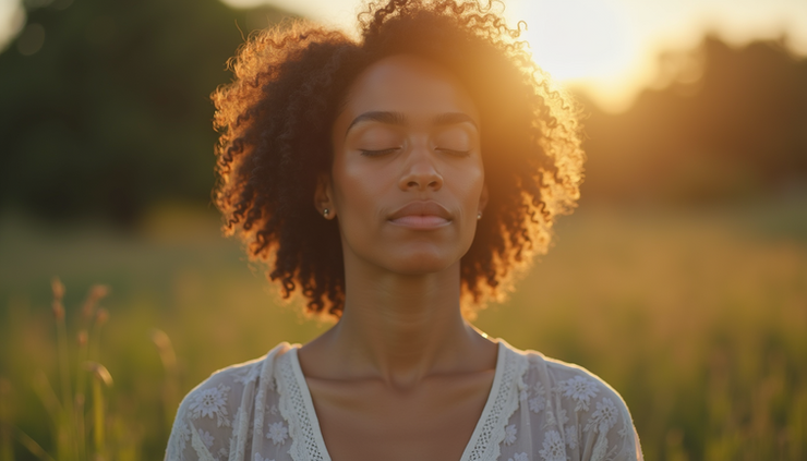 Close-up view of a person meditating outdoors with eyes closed and a serene expression