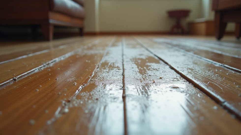 Close-up view of water damage on a wooden floor