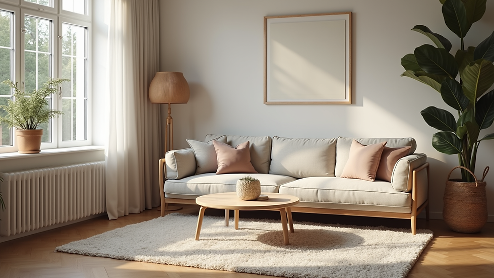 Eye-level view of a cozy living room with minimal furniture