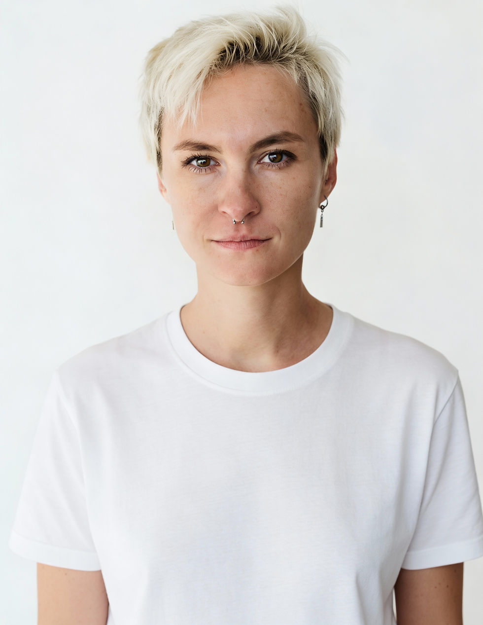 Woman with blonde hair wearing a white shirt posing against a white background, with masculine features