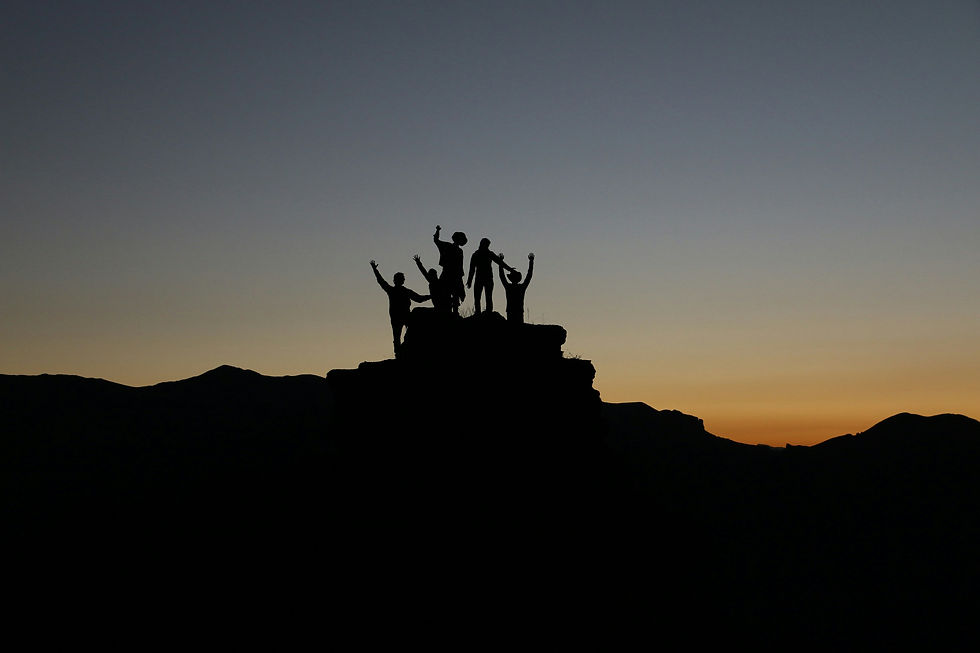 Shadows of people on a hill. Holding hands, celebrating.