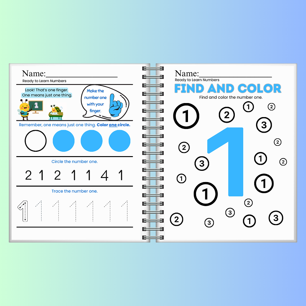 Sample pages from Ready-to-Learn Numbers Vol 1 workbook showing activities for learning the number 1.