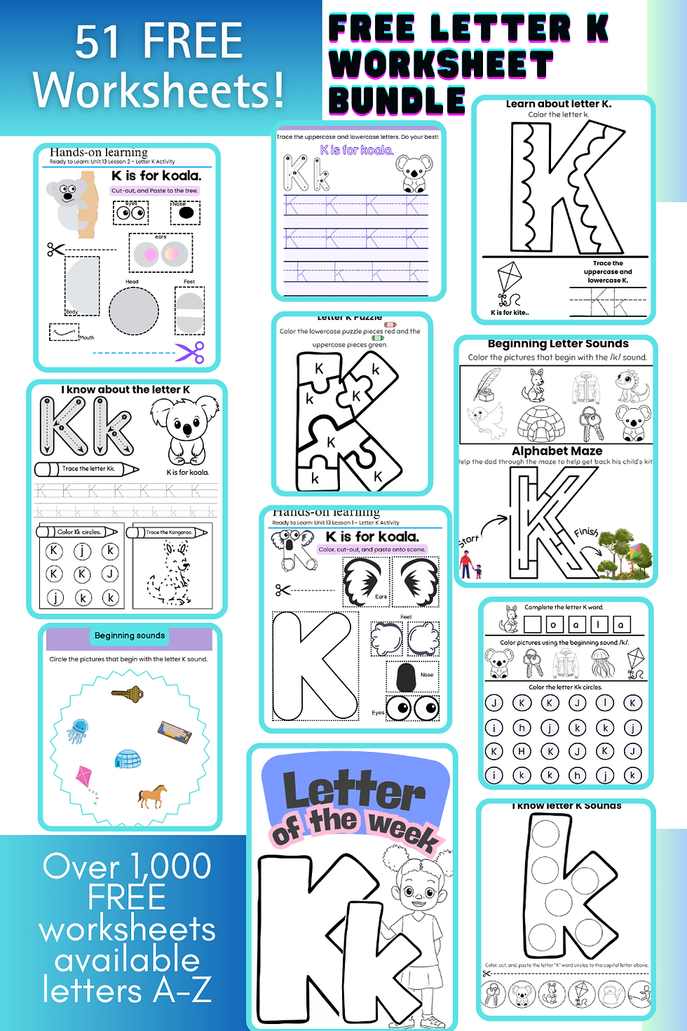 Letter K Worksheet Bundle preview of 51 FREE Kindergarten Homeschool Worksheets