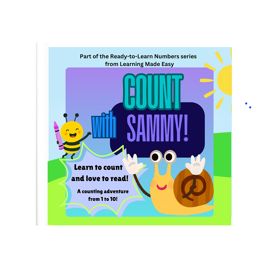 Book cover of Count with Sammy: A Counting Adventure 1-10, featuring Sammy the snail in a colorful, hilly landscape
