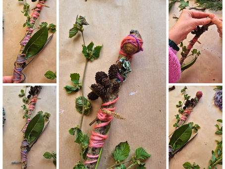 Journey stick for kids decorated with feathers, leaves, flowers and natural treasures from a nature walk