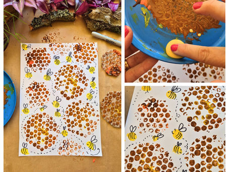 Bubble wrap honeycomb bee craft for World Bee Day with fingerprint bees and painted honeycomb prints