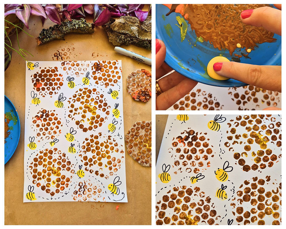 Bubble wrap honeycomb bee craft for World Bee Day with fingerprint bees and painted honeycomb prints