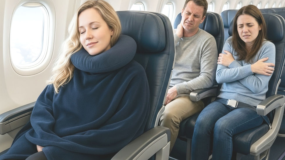 Eye-level view of a traveler using The Wander Pillow® on a train seat