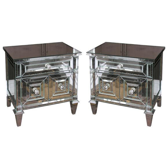 Pair of Neoclassical Modern Mirrored Cabinet Nightstands