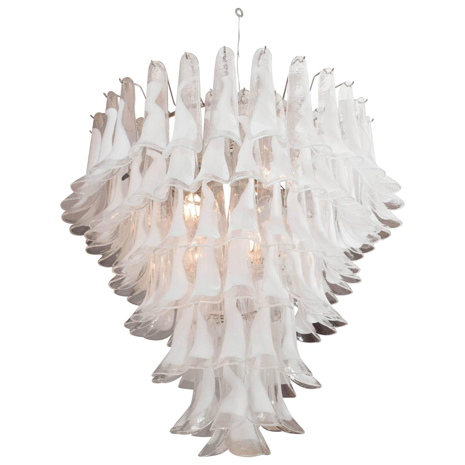 Custom Huge Mazzega White and Clear Glass Petal Chandelier
