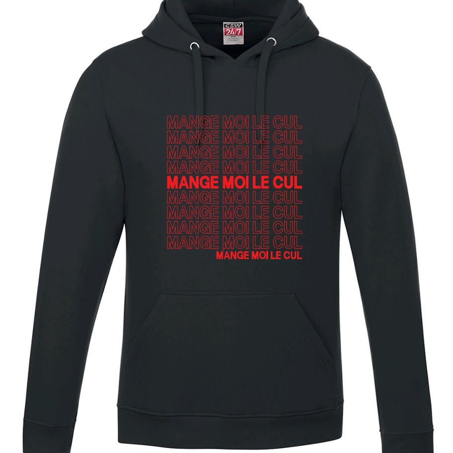 Hoodie noir unisexe "Mange moi le cul" de devant, par l'humoriste québécois Dave Gaudet