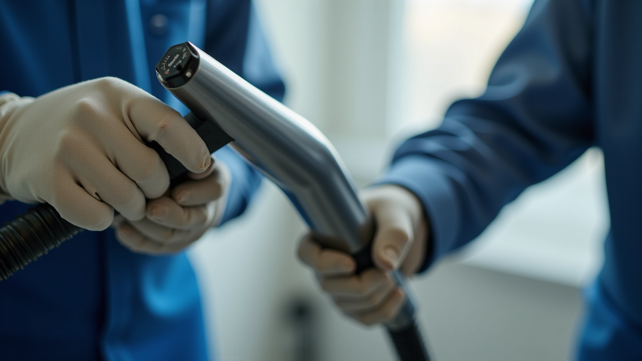 Deux experts de Nouvelair S.G utilisant des outils de nettoyage spécialisés pour l'entretien et l'assainissement des conduits de ventilation, garantissant un air pur et sain.