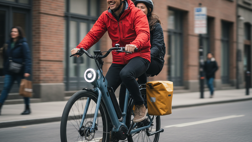 Eye-level view of electric bike with mounted front light and rear rack