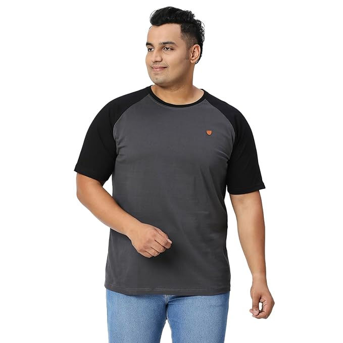 VAISHVIK Mens Plus Size T-Shirt - Round Neck - Raglan Sleeve - Dark Grey Black