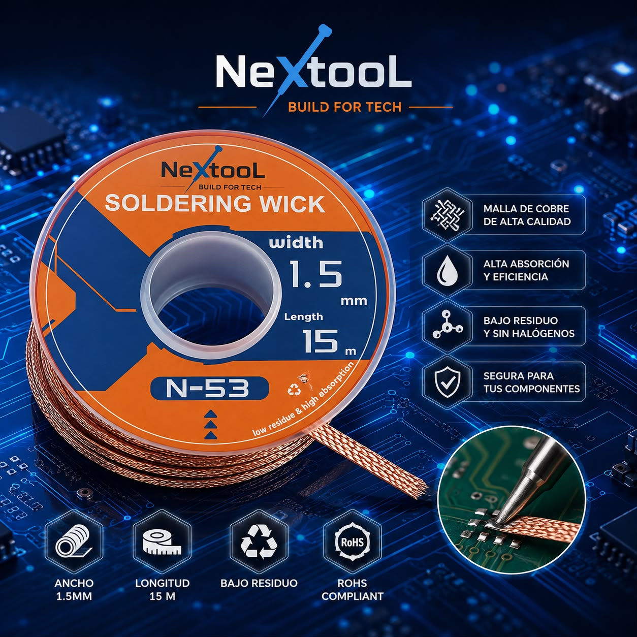 Malla Desoldadora de 1,5 mm×15 Metros de Alta Absorción ref. Nextool N-53