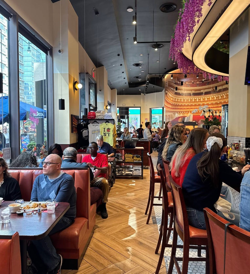 Porcelain wood-look tile inside Carnegie Diner Times Square