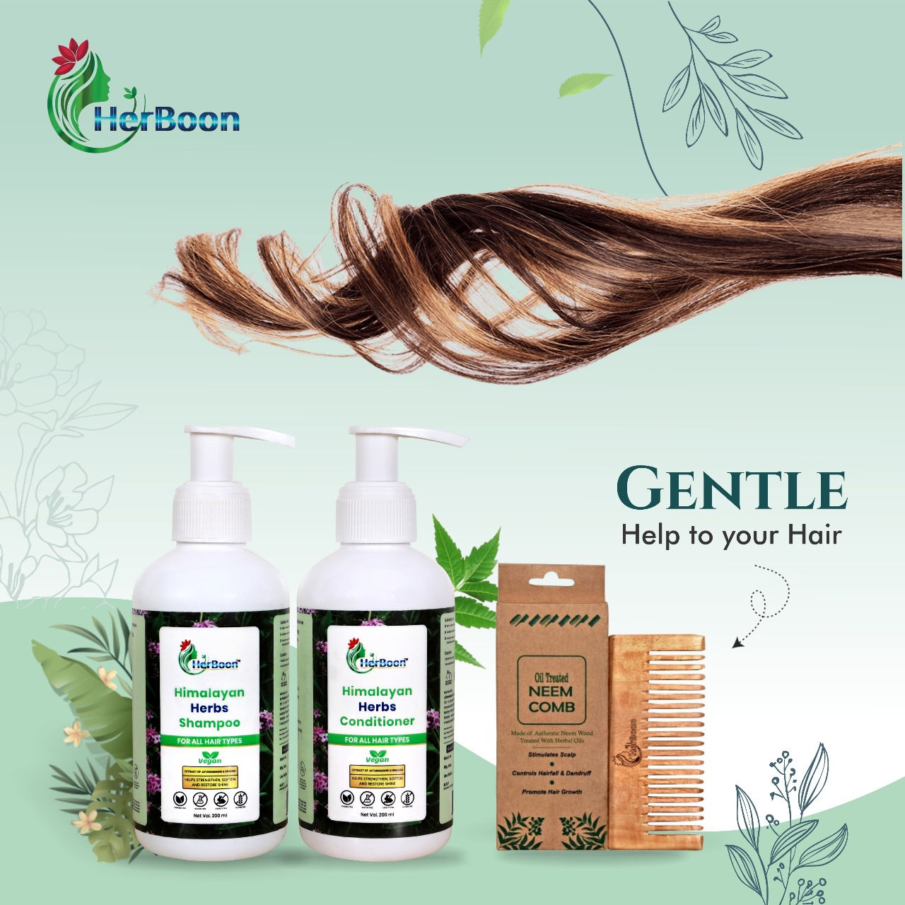 HerBoon Himalayan Herbs Shampoo & Conditioner Combo Get a Neem Wood Comb Free