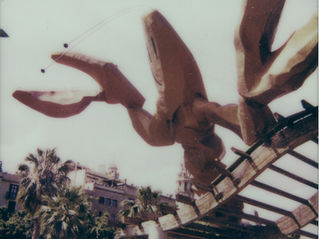 a polaroid of la gamba sculpture in barcelona