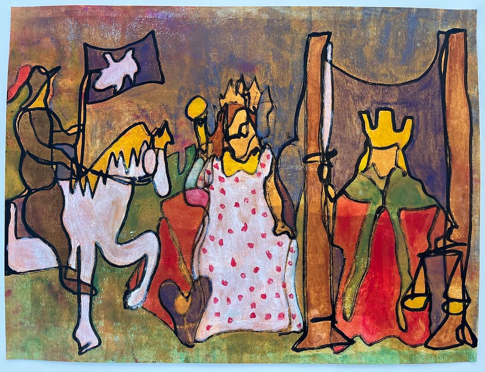A painting of the tarot cards Death, the Empress, and Justice by Lana Price