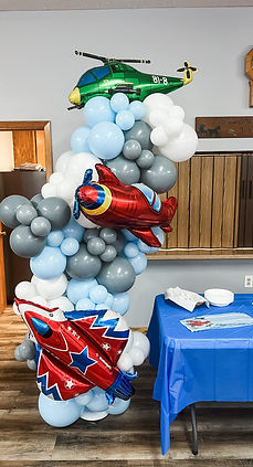Blue, White, Grey Balloon Column with Airplanes