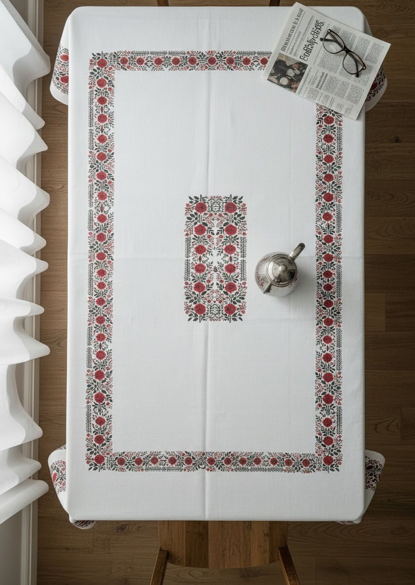 Küçük resim: Dijital Baskılı Dertsiz Masa Örtüsü 160x220 cm – Kırmızı Çiçek Desenli, Leke Tut