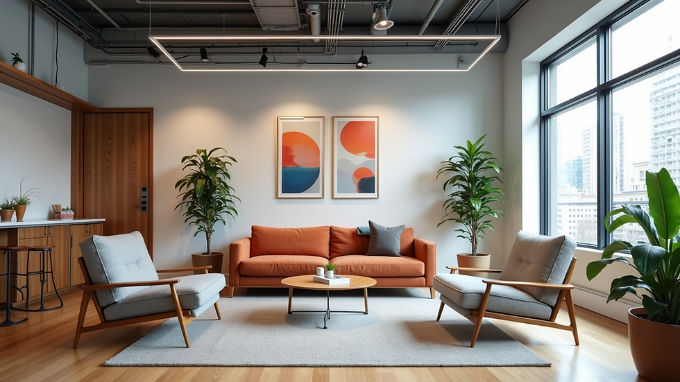 Wide angle view of a Toronto startup office with local art and modern furniture