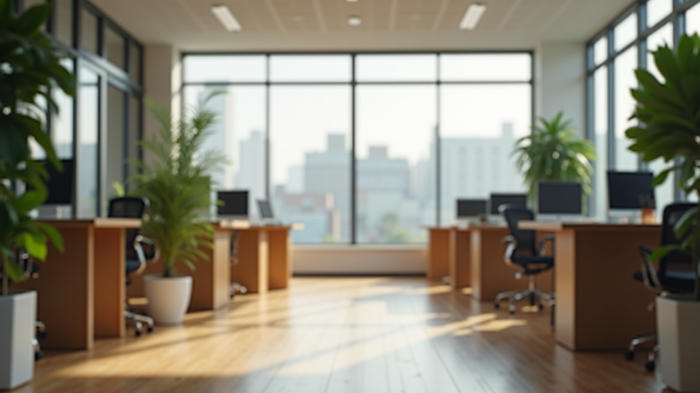 Eye-level view of office space with wooden desks and green plants