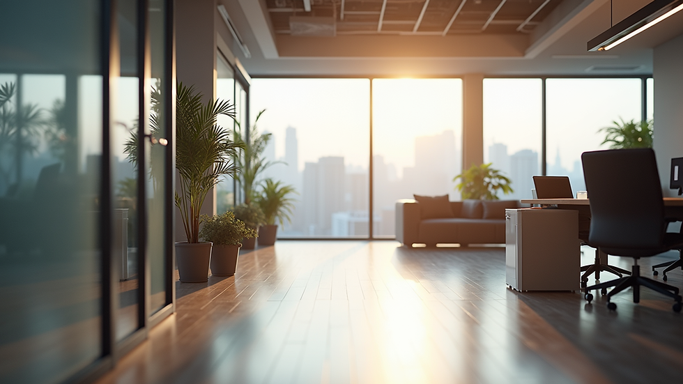 Eye-level view of a modern office space with stylish furniture and natural light