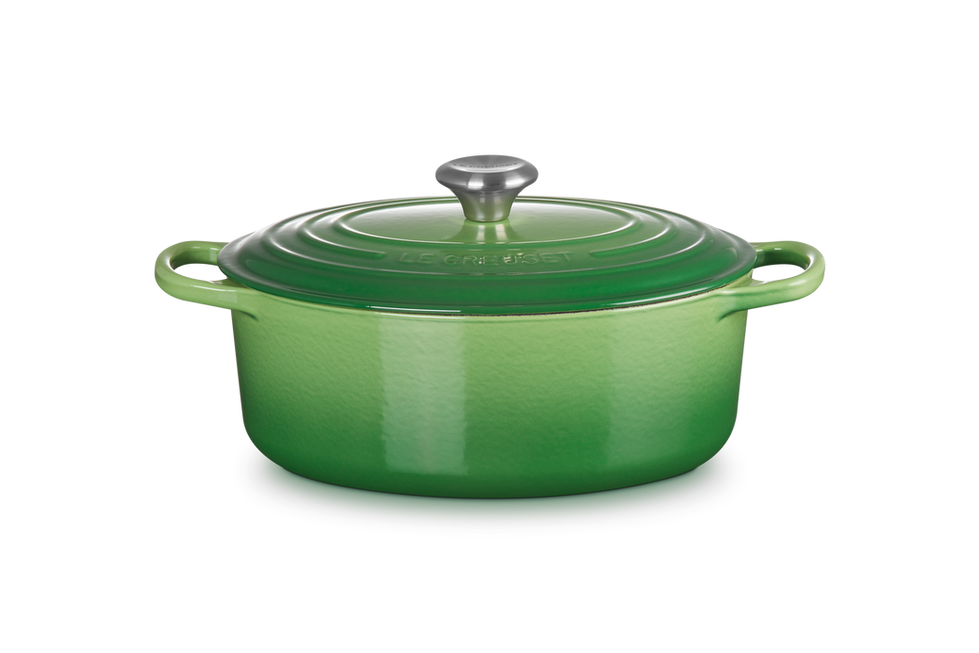 Panela oval Le creuset signature 29cm diversas cores, close up, green color and handles.