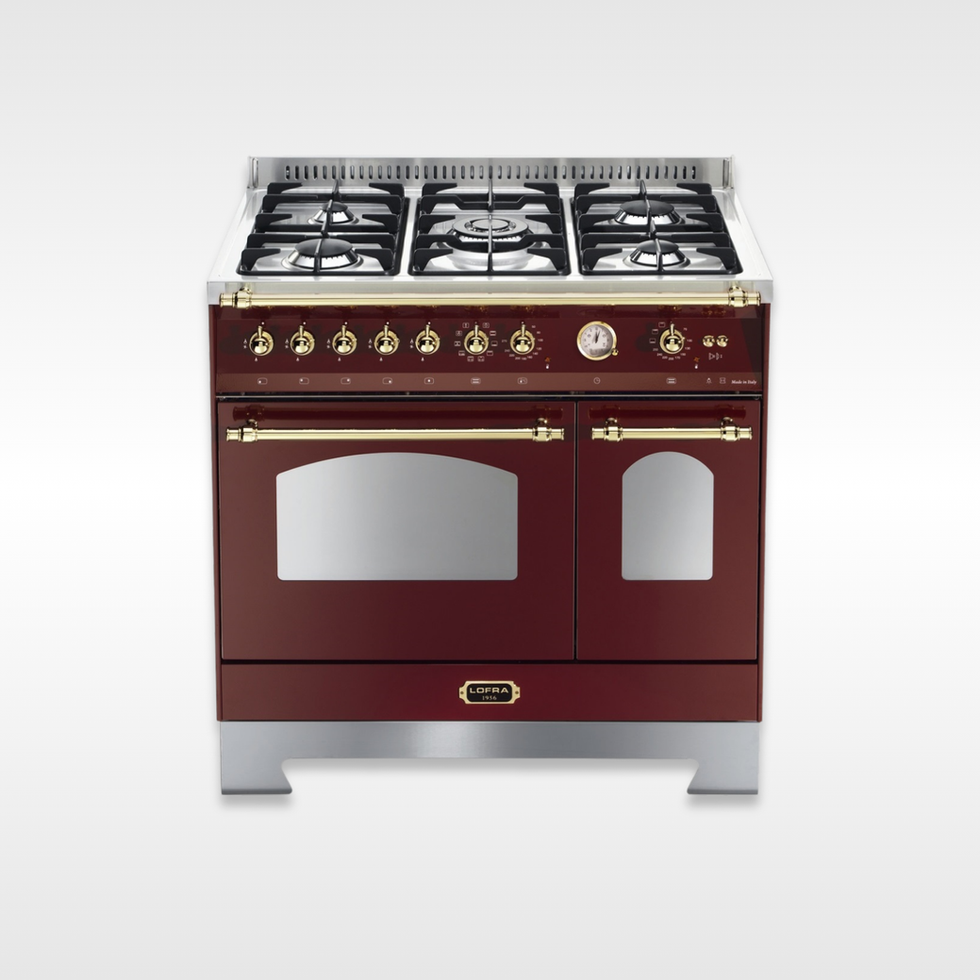 Fogão Lofra Dolce Vita 90cm a gás, cor vinho, 5 queimadores, dois fornos independentes e design italiano retrô.