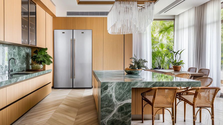 Refrigerador Tecno bottom freezer 602L 122cm inox 220V em cozinha com balcão e cadeira.