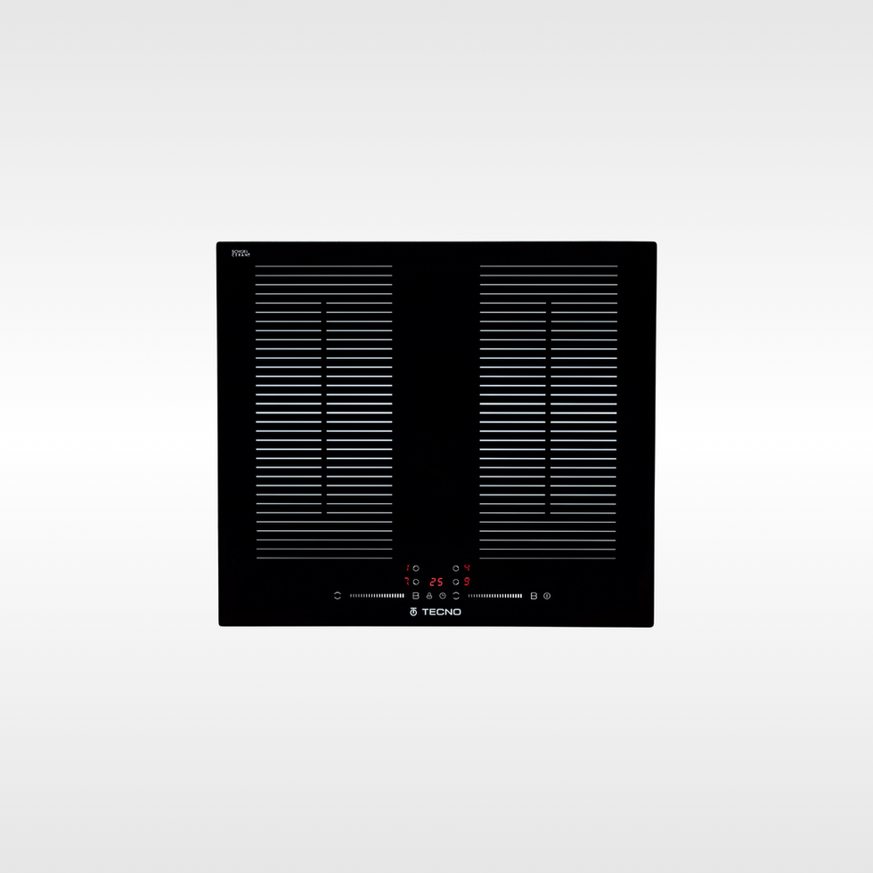 Fogão indução preto moderno com controles e detalhes em vermelho, cozinha profissional.