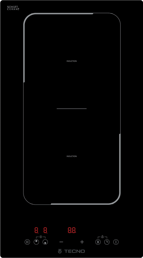 Fogão de indução preto INDUCTION com detalhes, design moderno.