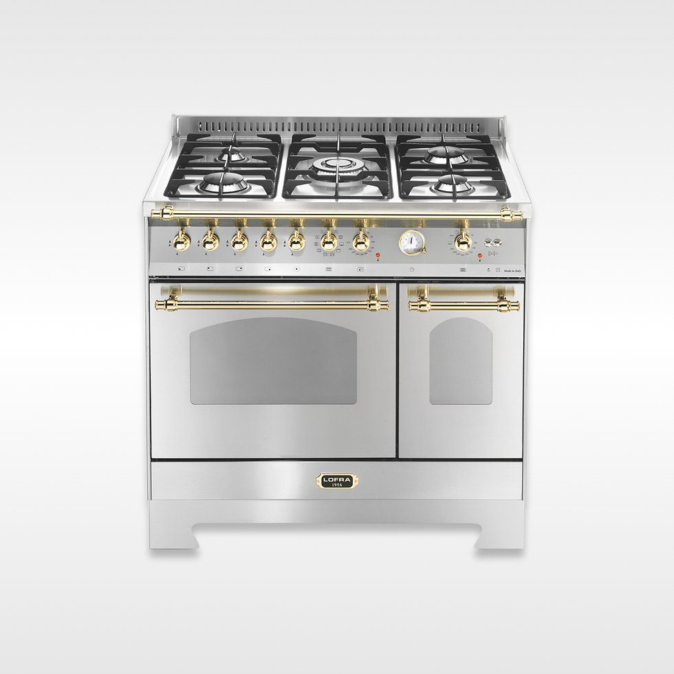 Fogão de aço inoxidável com botões dourados e fornos.