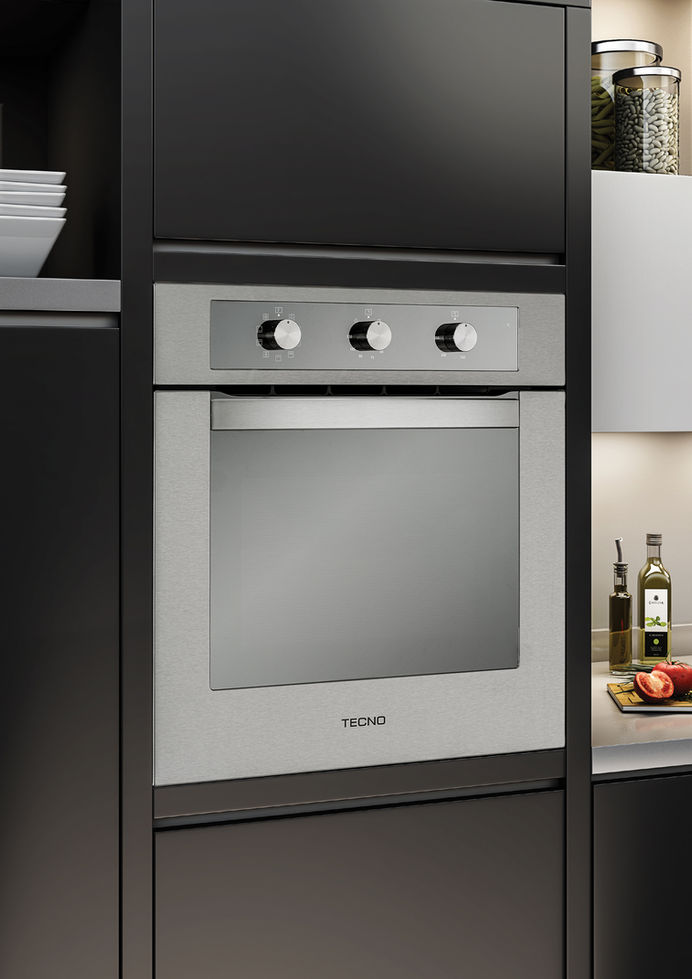 Forno de embutir Tecno em aço inox, com três botões, na cozinha moderna.