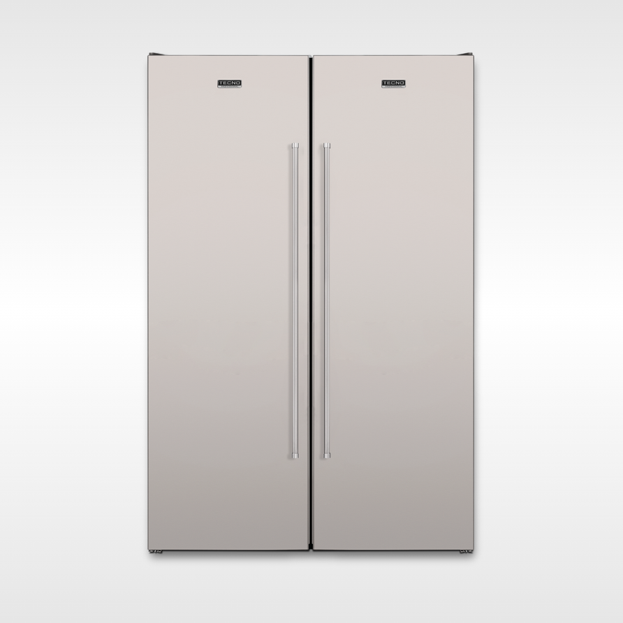 Refrigerador inox com duas portas, detalhes minimalistas, fundo branco.