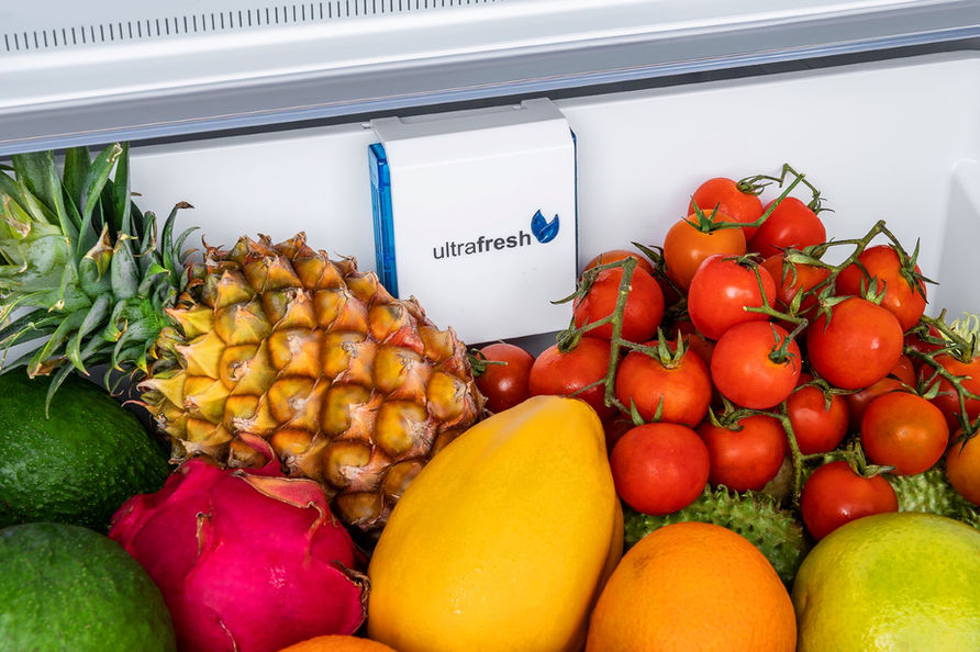 Refrigerador Tecno vintage bottom 324L abertura a esquerda frutas.