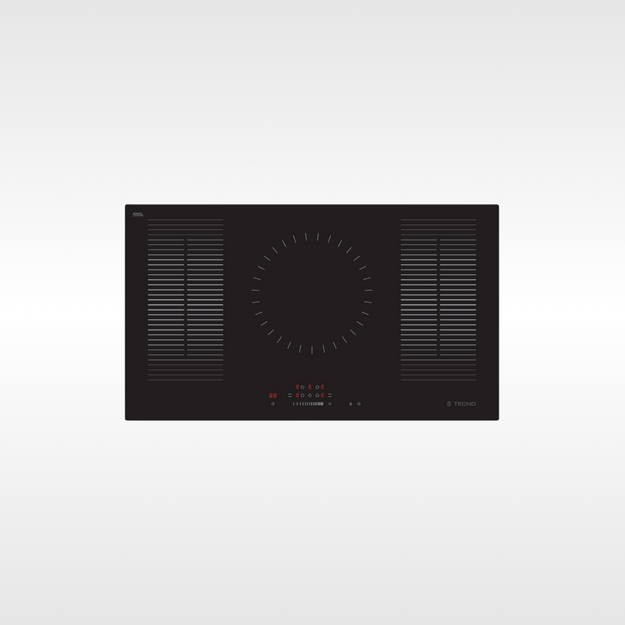 Cooktop de indução preto, interface digital, detalhes e botões visíveis.