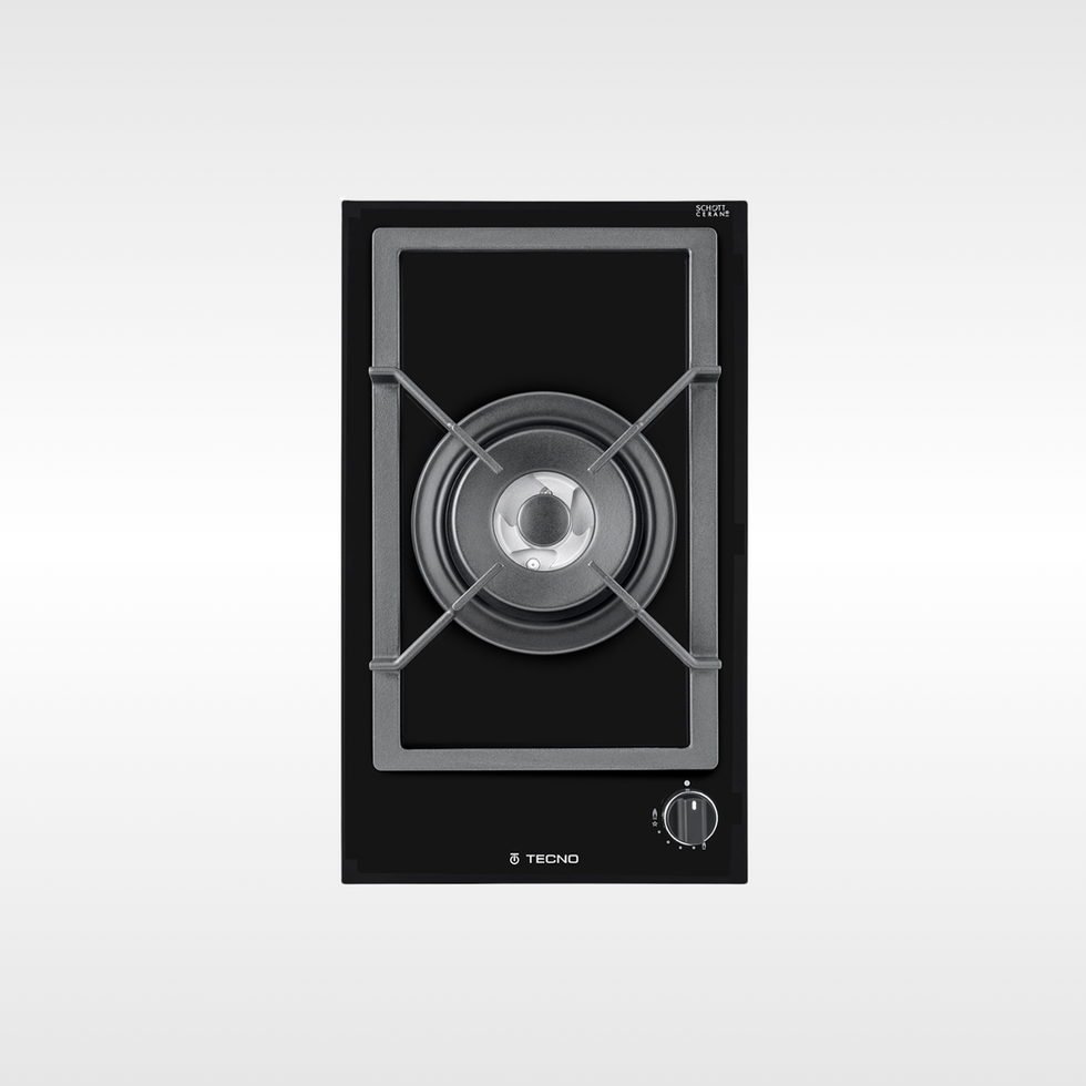 Cooktop Tecno preto com queimador e detalhes, produto de cozinha.