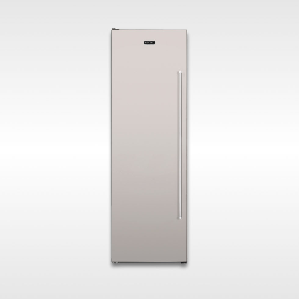 Freezer moderno inox com puxador vertical.