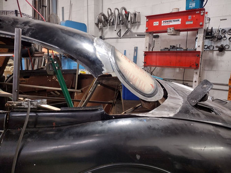 Fitment check on the window frame to roof skin on the 1959 Jaguar XK150 by FFR Fabrication