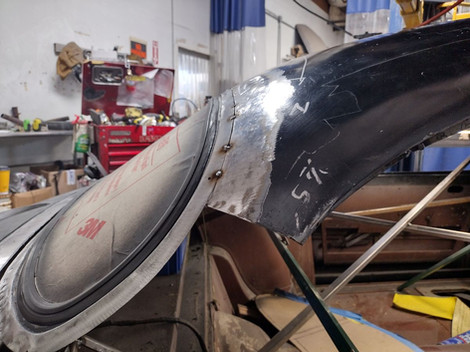 Tack welded window frame to roof skin on the 1959 Jaguar XK150 by FFR Fabrication