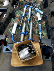 King off road racing shocks laid out before installation in the Custom built FJ Cruiser By FFR Fabrication & Repair