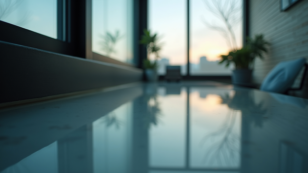 Eye-level view of a reflective surface next to a window